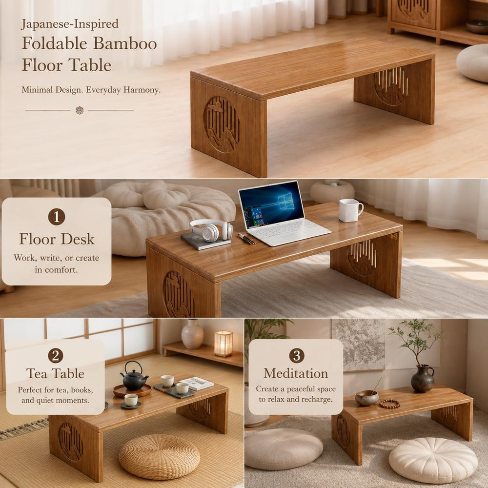 Folding Floor Table, Japanese Coffee Table, Low Bamboo Desk