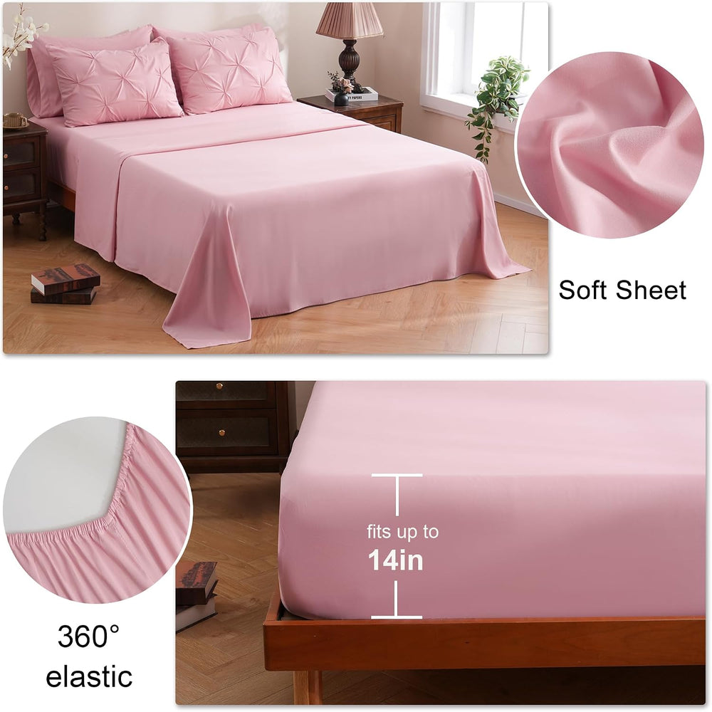 DOWNCOOL King Size Comforter Set, 7 Pieces Pink Pintuck Bed in a Bag