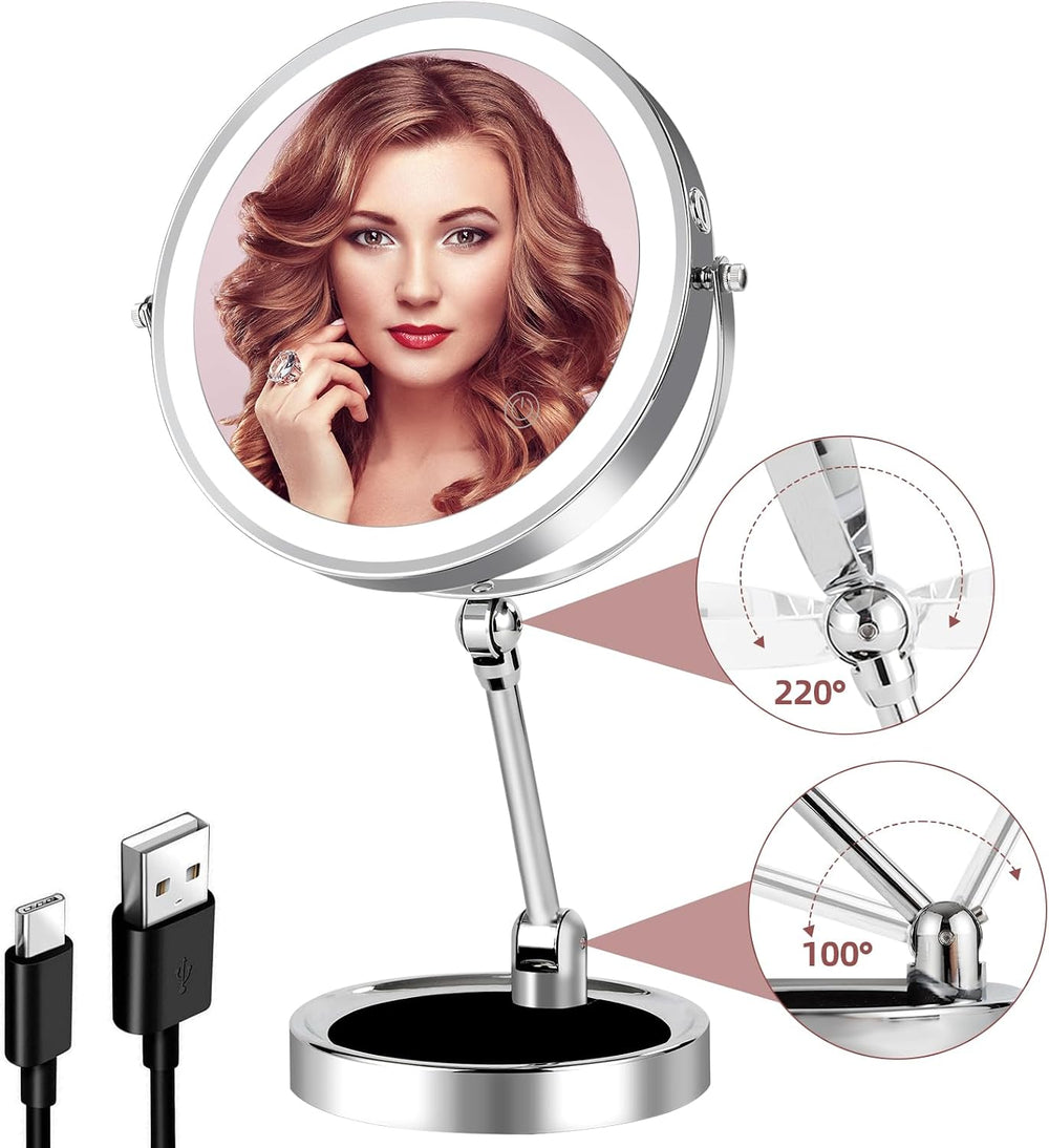8" Foldable 10X Magnifying Mirror with Light, Storable Base, Chrome