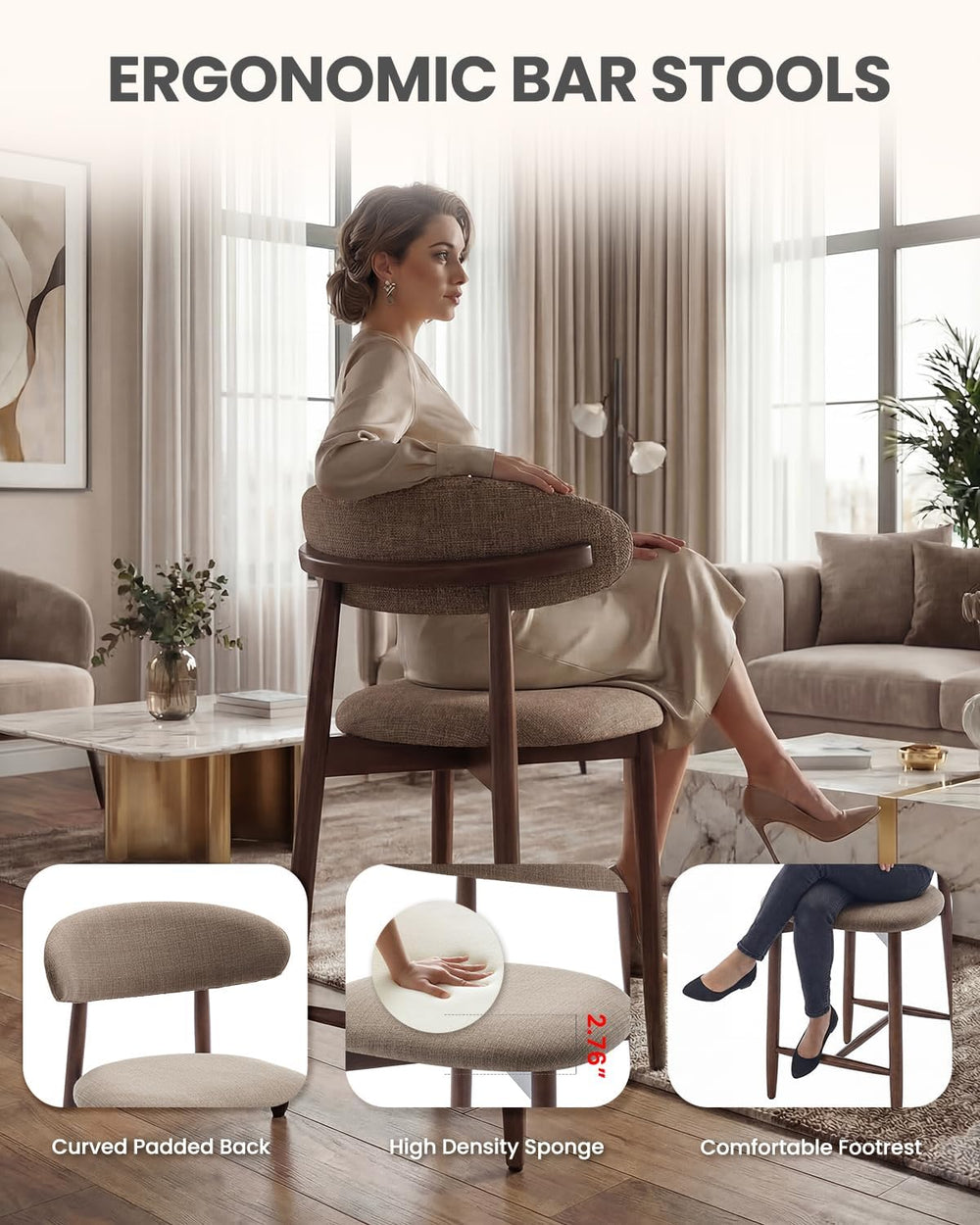 Bar Stools Set of 3, 25.6″ Counter Height Bar Stools with Wood Legs