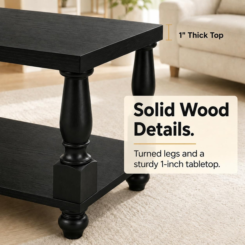 Homieasy 47" Farmhouse Coffee Table with Storage, Rectangular Wood, Black