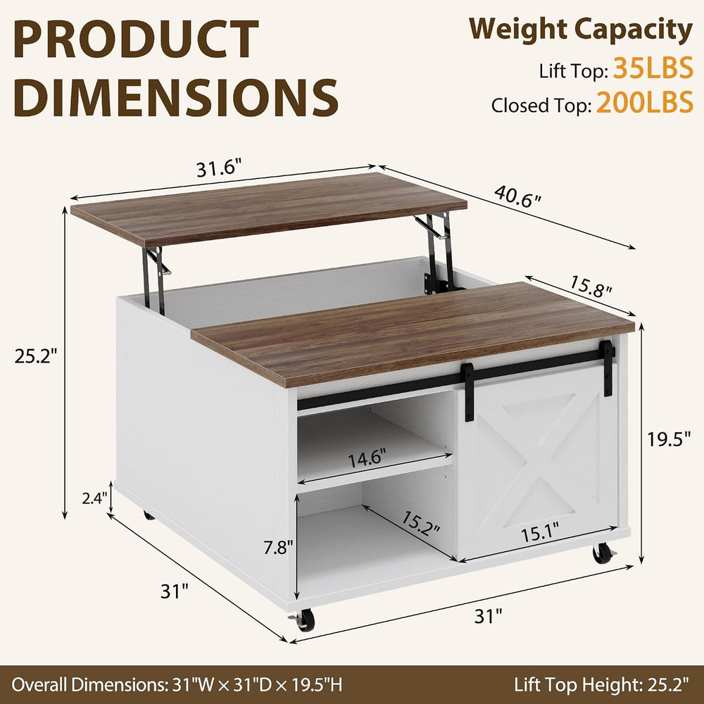 Lift Top Coffee Table with Wheels 31" Square, Farmhouse, Off White