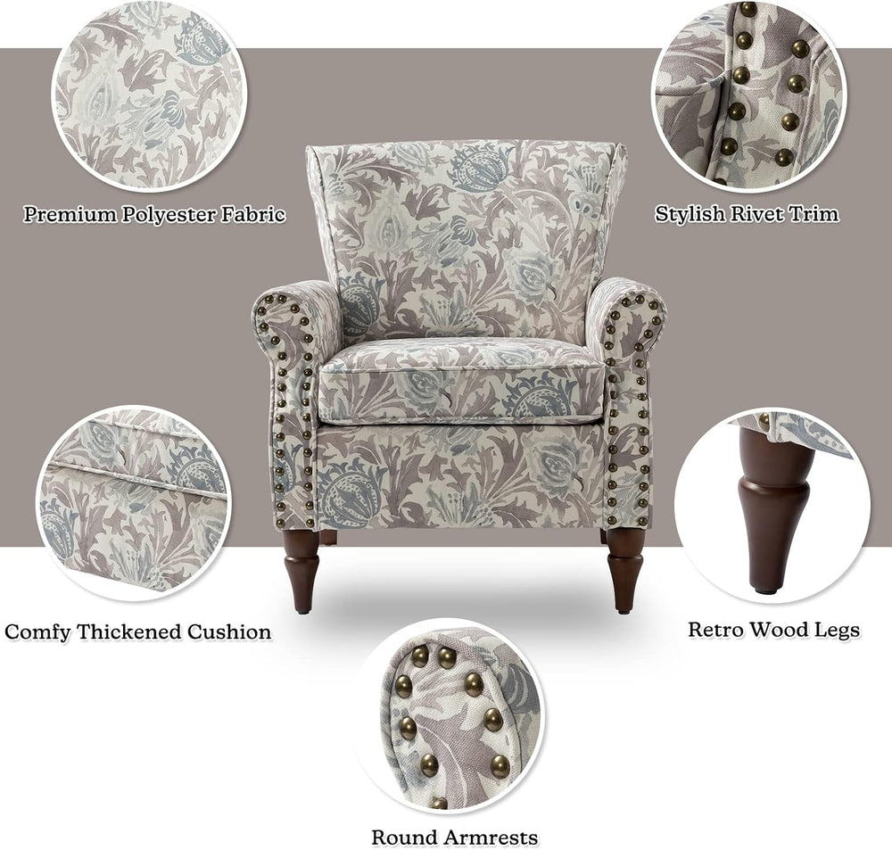 HULALA HOME Traditional Floral Accent Chair with Solid Wood Legs, Grey
