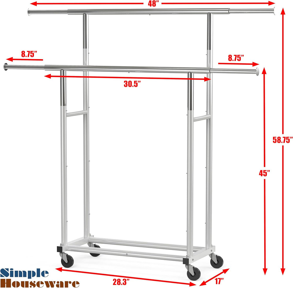 Simple Houseware Standard Double Rods Clothing Garment Hanging Rack, Silver