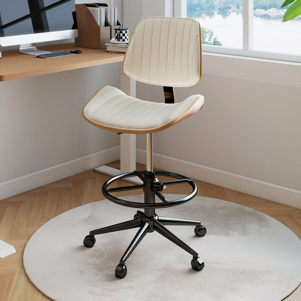 Drafting Chair, Ergonomic Office Chair with Walnut Wood Back Support, Armless...