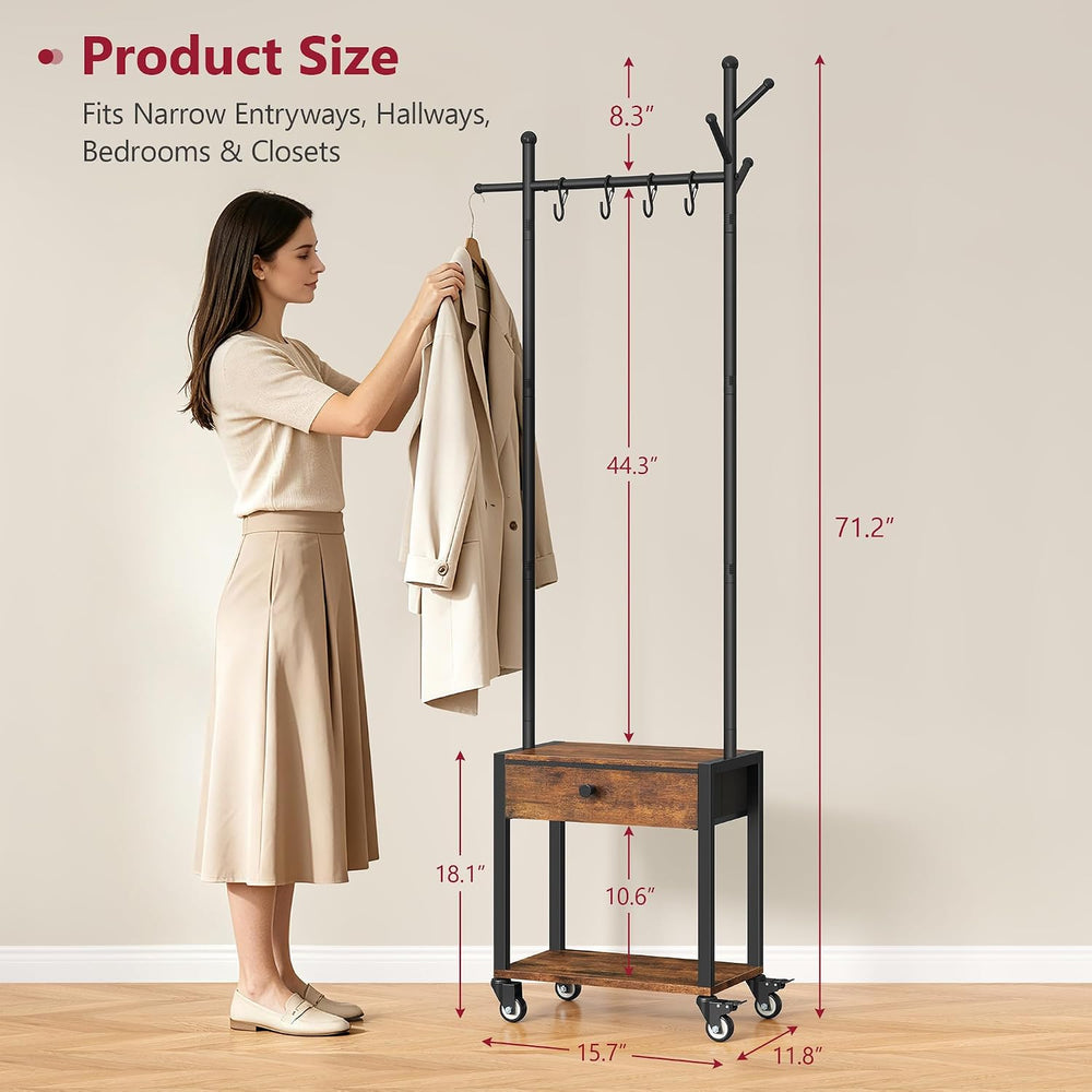 Tajsoon Coat Rack Freestanding with Lockable Wheel, Coat Stand with Drawer