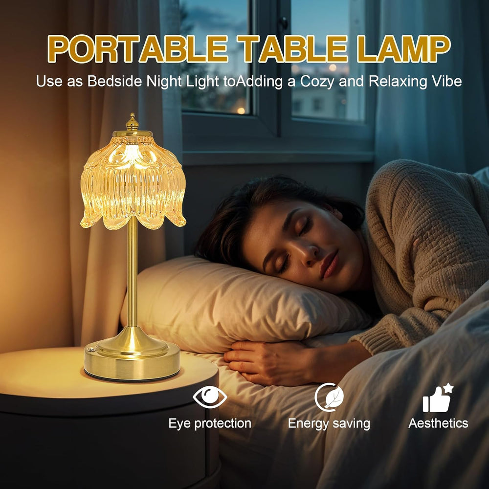 Cordless Table Lamp, Rechargeable Amber Glass Lotus Flower Lamp