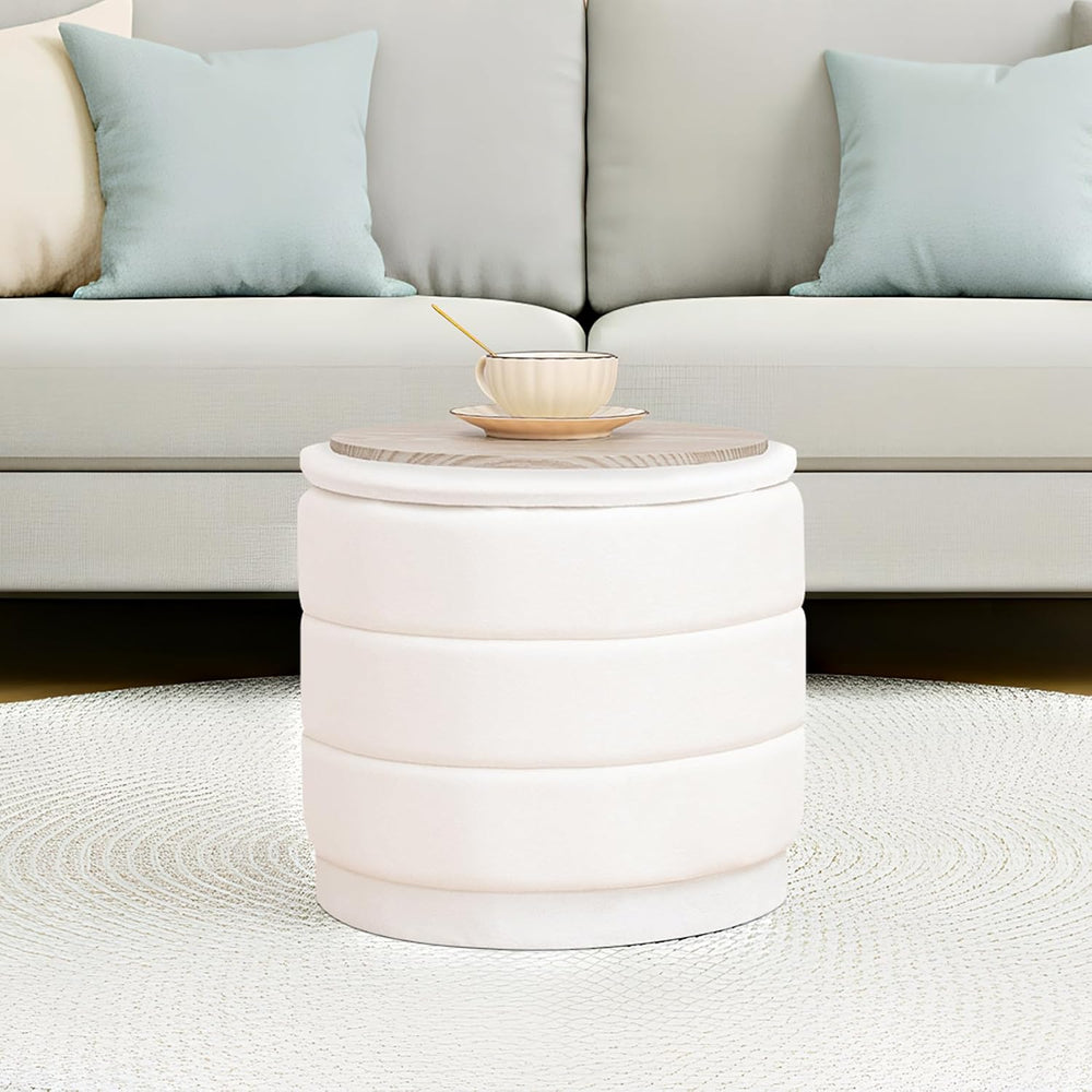 Round Storage Ottoman, 15.4" Velvet Footstool, White