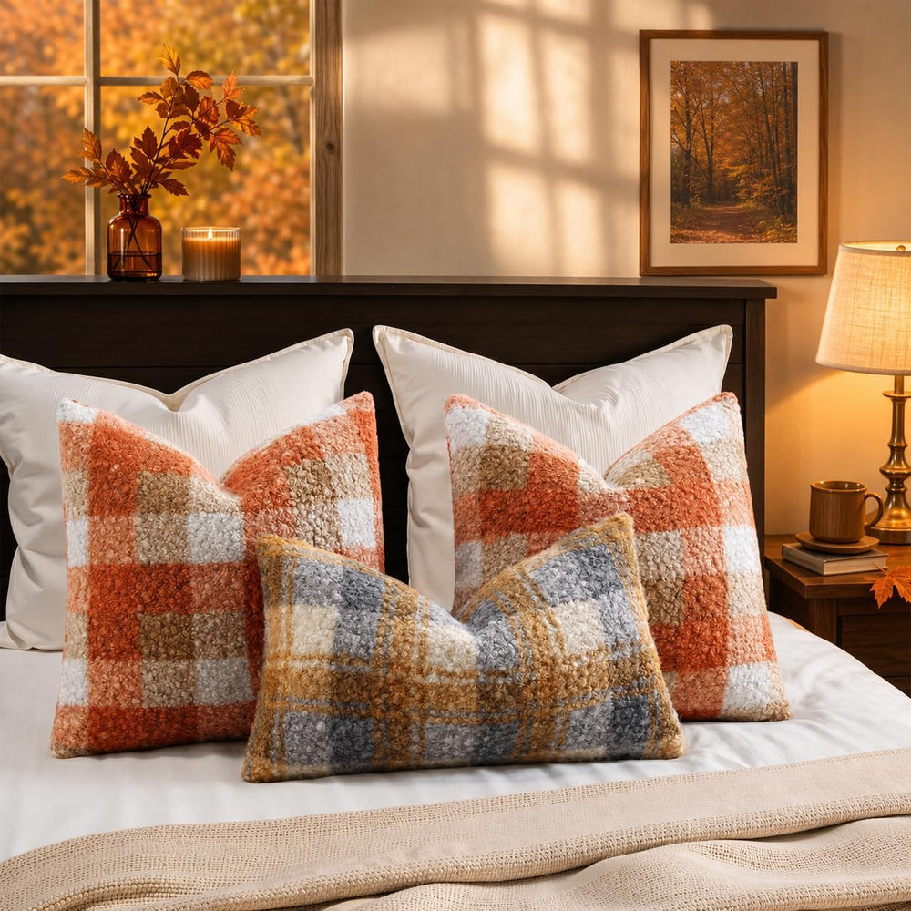 decorUhome Faux Fur Plaid Throw Pillow Covers 24X24 Set of 2 Red