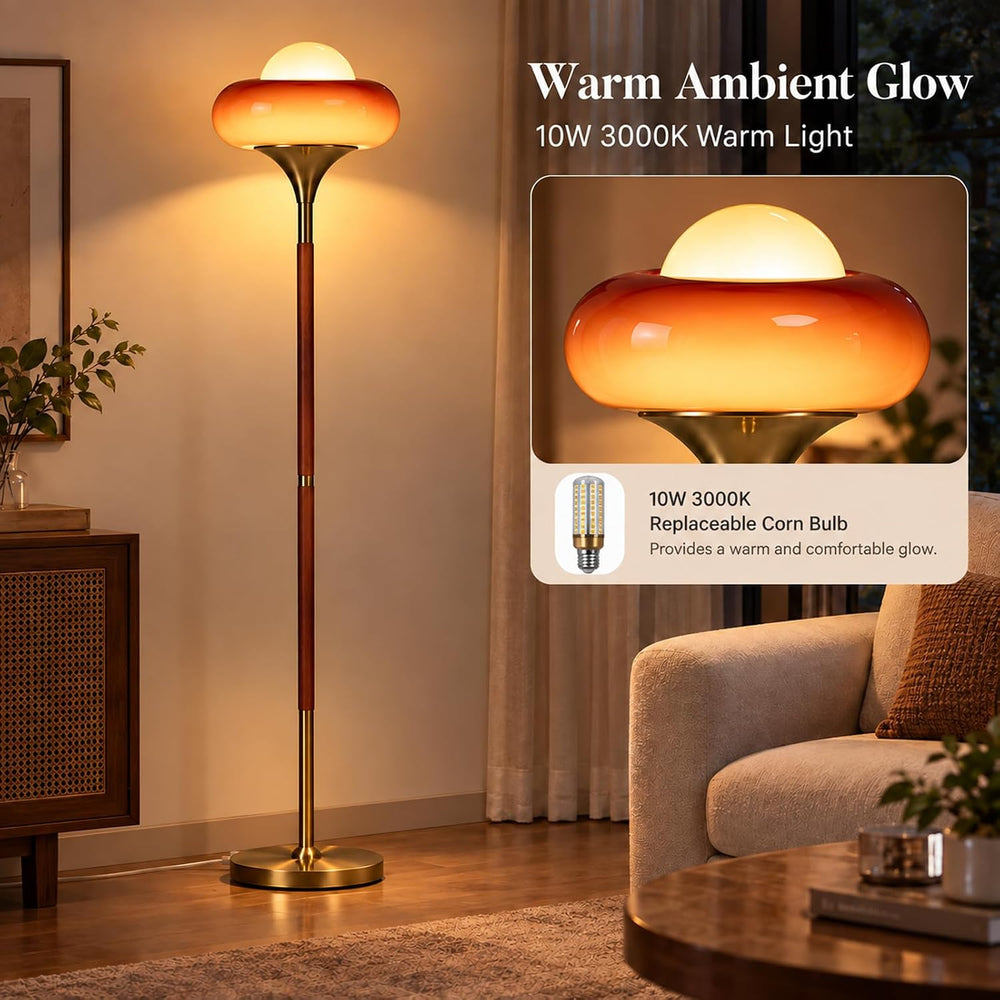 Mid Century Modern Orange Floor Lamp, Gradient Amber Glass Shade