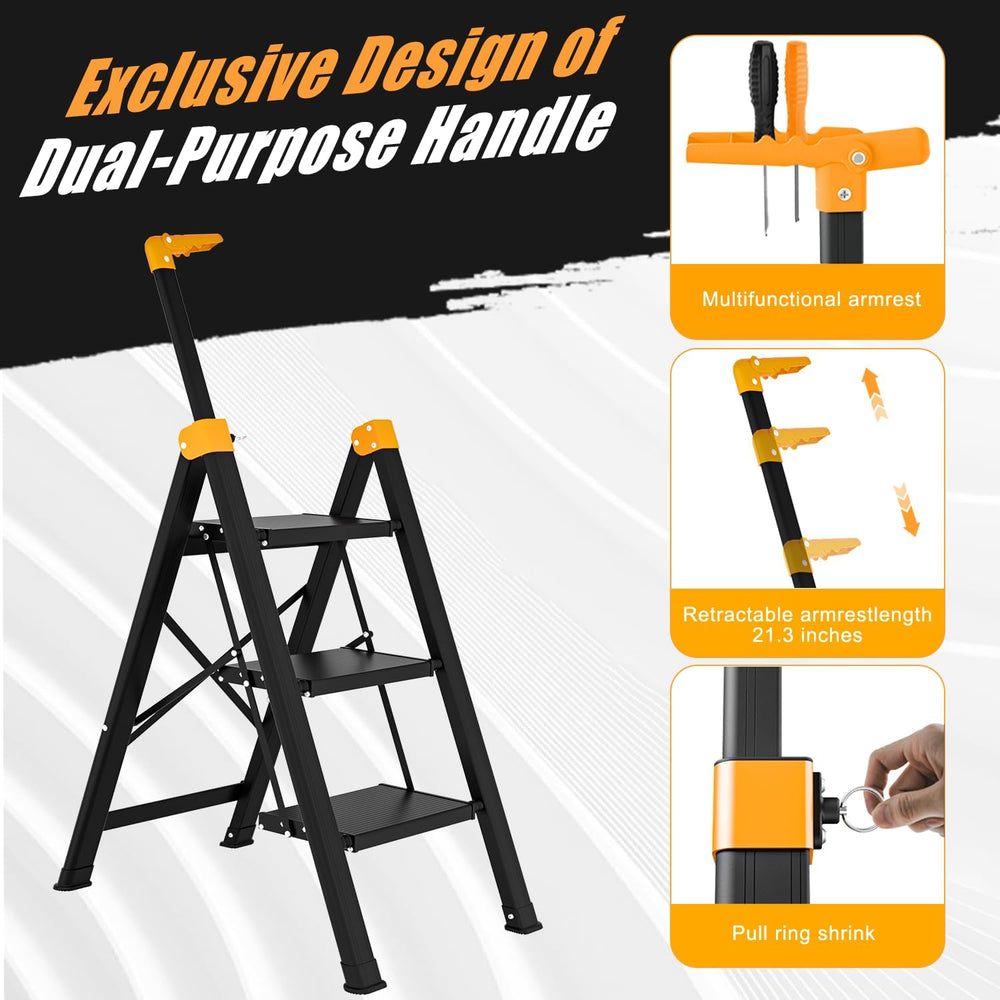 3 Step Ladder with Single-Handrail, Aluminum Step Stool Foldable (Yellow)
