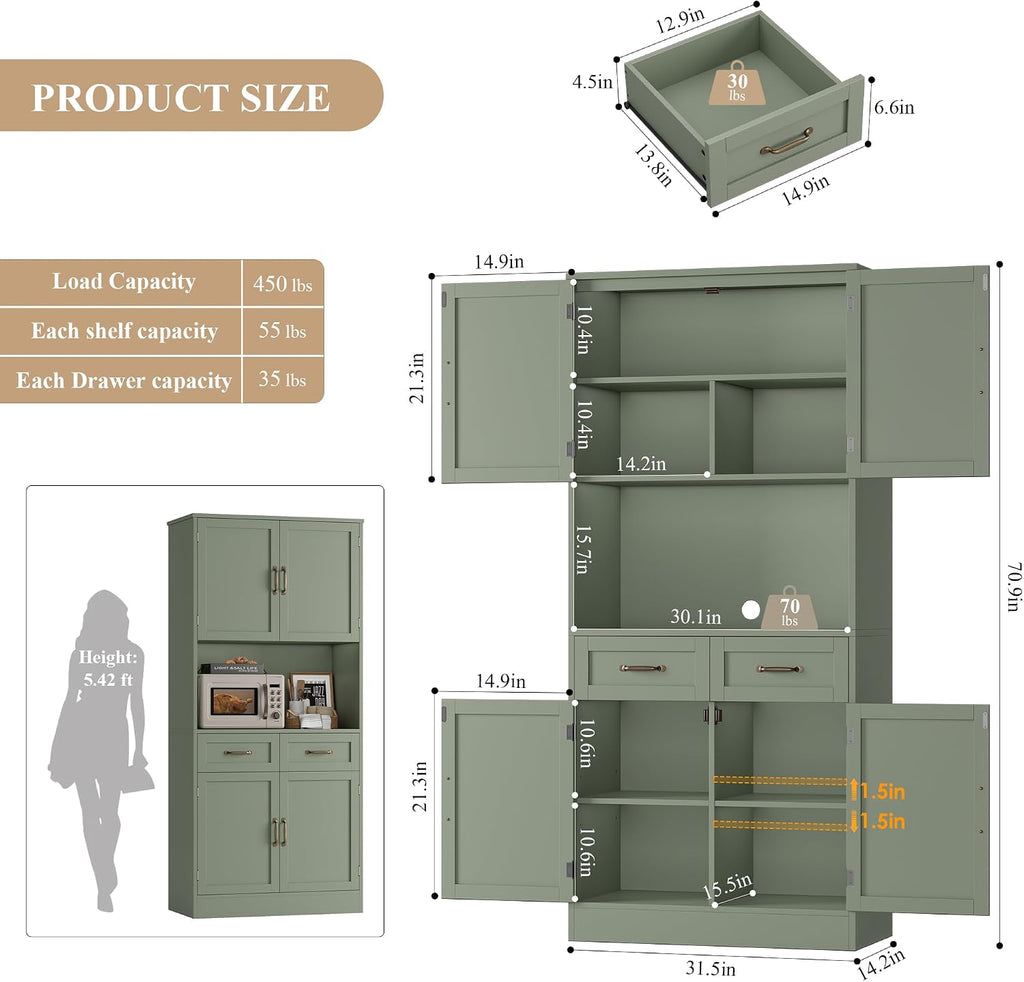 HOSTACK 71" Tall Kitchen Pantry Storage Cabinet, Wood Kitchen Hutch, Green