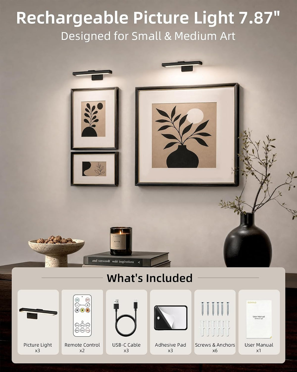 EZVALO Picture Light for Wall, Rechargeable 2400mAh Lights Wireless with IR R...