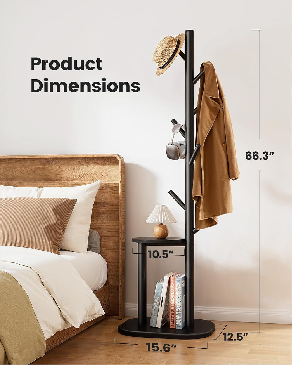Pipishell Solid Wood Freestanding Coat Rack with 8 Hooks & Shelves, Black