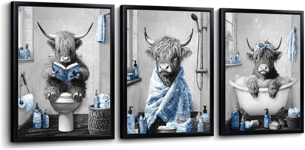 sechars Highland Cow Bathroom Wall Art, Grey and Blue