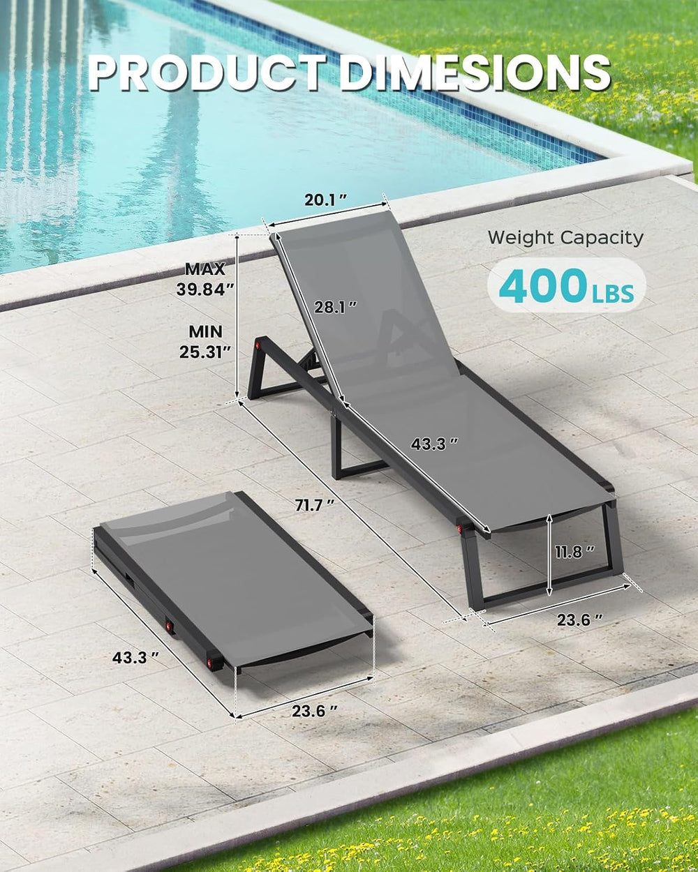 Aluminum Chaise Lounge Chair Outdoor, Foldable& No Assembly Patio Pool Lo...