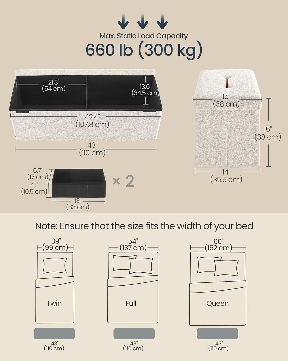 SONGMICS Large Folding Storage Ottoman Bench, 15 x 43 x 15 Inches
