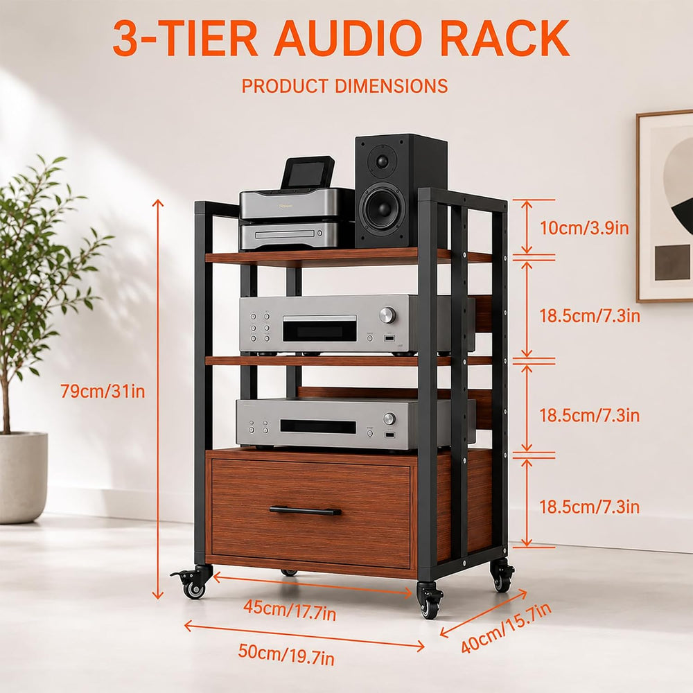 3-Tier Audio Rack with Wheels, AV Media Stand
