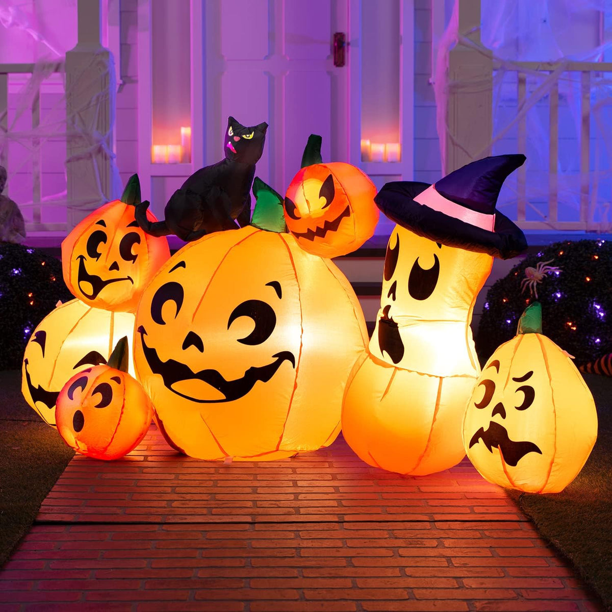 Joiedomi 6 FT Long Halloween Inflatable Outdoor Decorations, Pumpkin Blow Up Yard Decorations, 7 Pcs Inflatable Pumpkin for Outside with Witch's Cat with Build-in LEDs for Halloween Decor