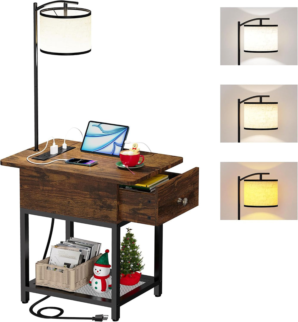 runjuly Floor Lamp with Table, Narrow Side Table with Charging Station