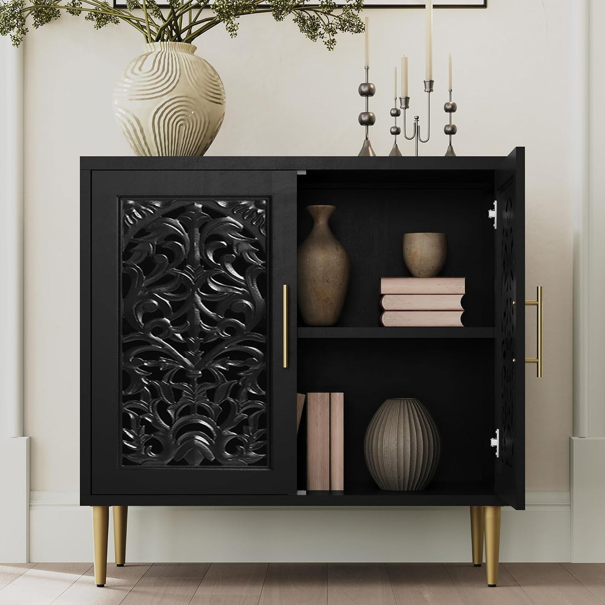 ARTPOWER Vintage Hollow Carving Accent Cabinet with 2 Doors for Living Room