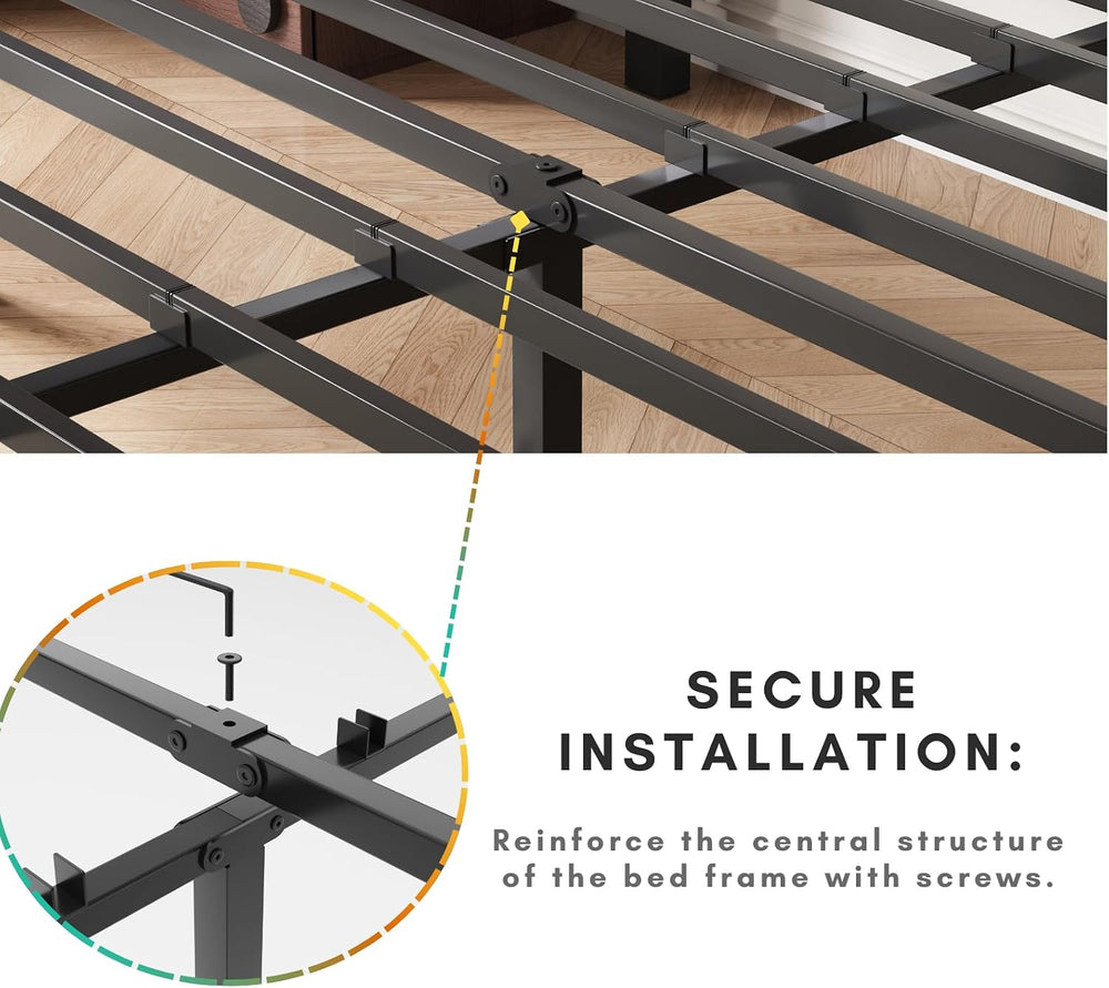 14 Inch Metal Queen Bed Frame with Storage, Black, No Box Spring