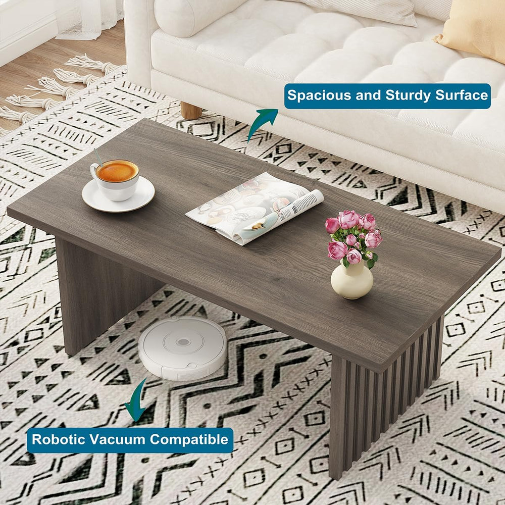 BON AUGURE 43 Inch Coffee Table, Fluted Wood Rectangle Living Room Tables