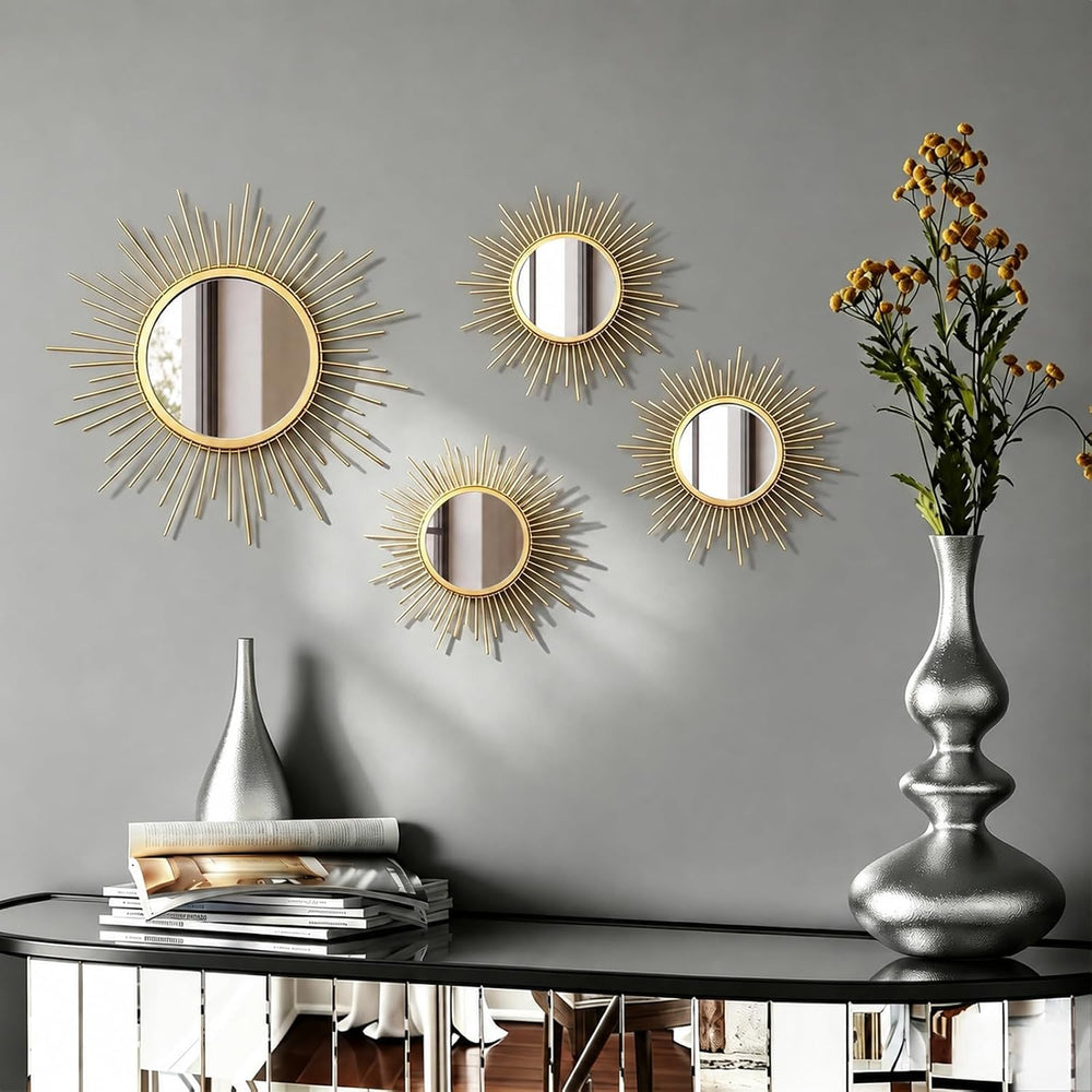 4 Pieces Gold Sunburst Wall Mirror Set Modern Metal Circles for Home Decor