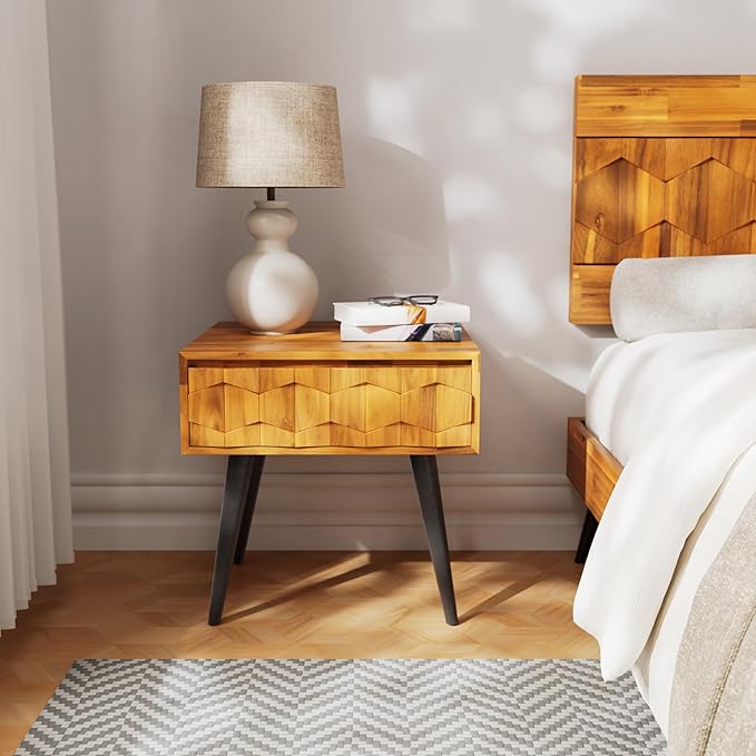 Bme Georgina Solid Wood Nightstands with Drawers - Fully Assembled Rustic Geometric Pattern Bedside Cabinet - Mid Century Modern Side Table for Living Room, Bedroom