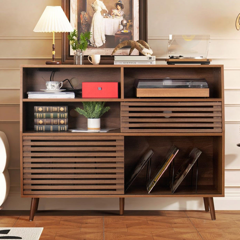 Jluomei Large Record Player Stand, Mid-Century Turntable Stand with Doors and...