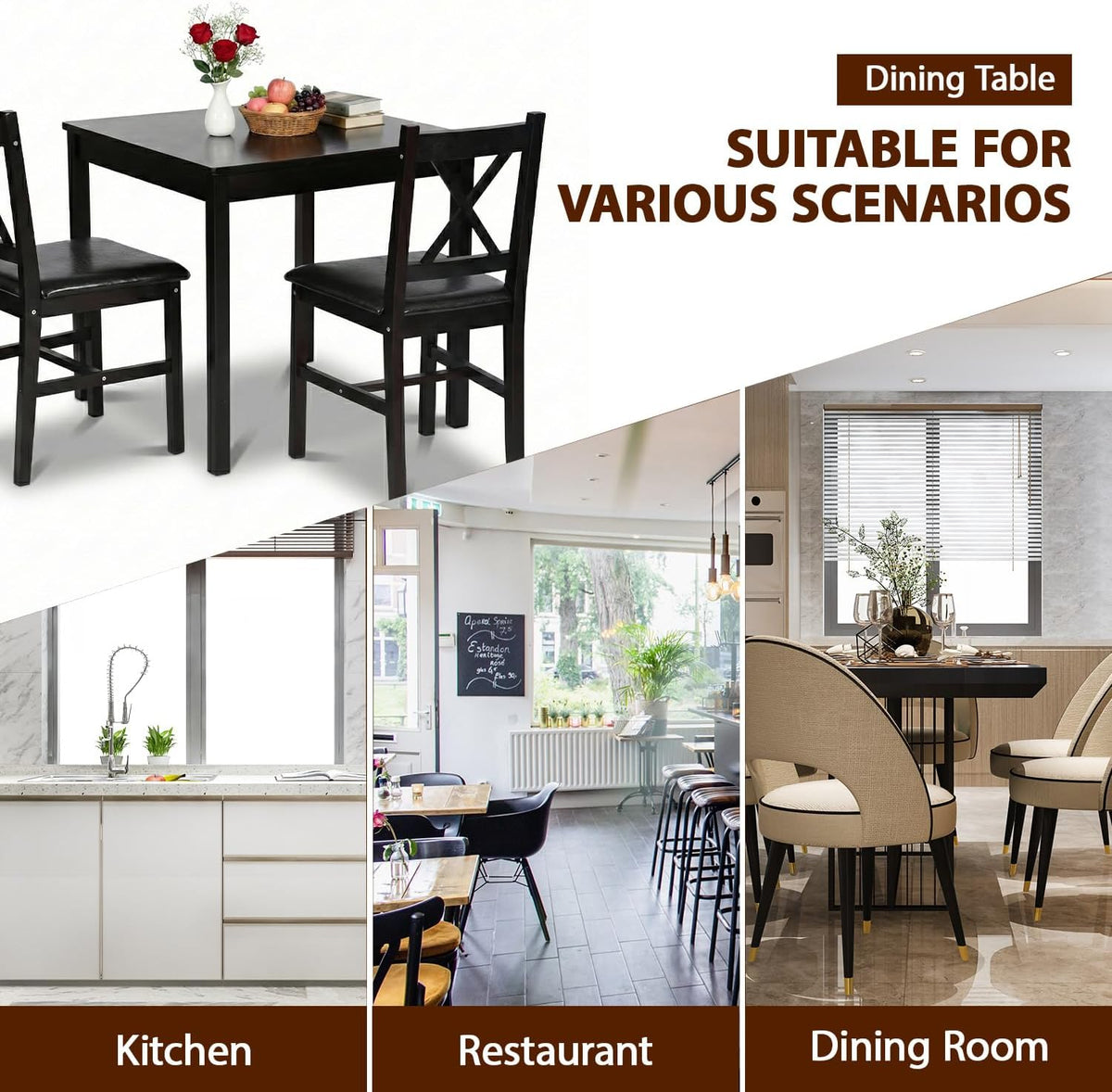 fdw | 3-piece solid wood dining table set, front angle view