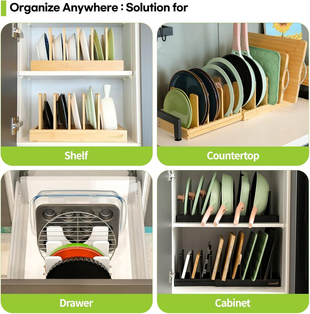 Pots and Pans Organizer under Cabinet Expandable Bamboo Pot Lid Holder Rack