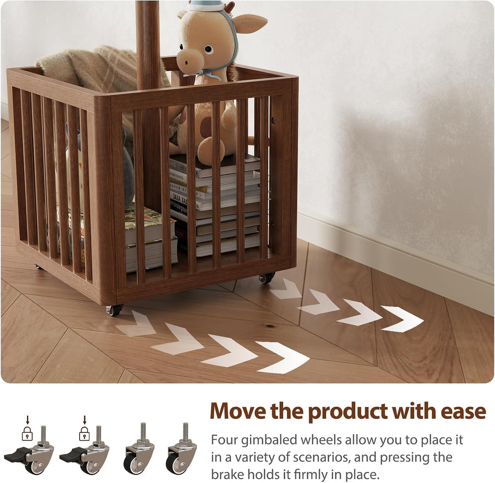 Solid Wood Cactus Coat Rack with 6 Hooks and Storage Basket, Walnut