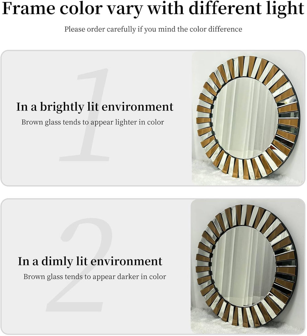 Decorative Round Mirror Sunburst: Silver-Brown Crystal Edge 31.5 in