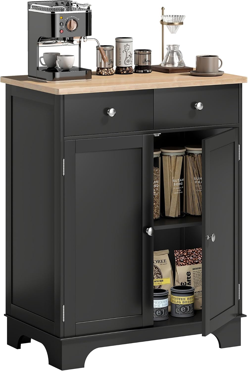HOMCOM Sideboard Buffet Cabinet Solid Wood Countertop Black