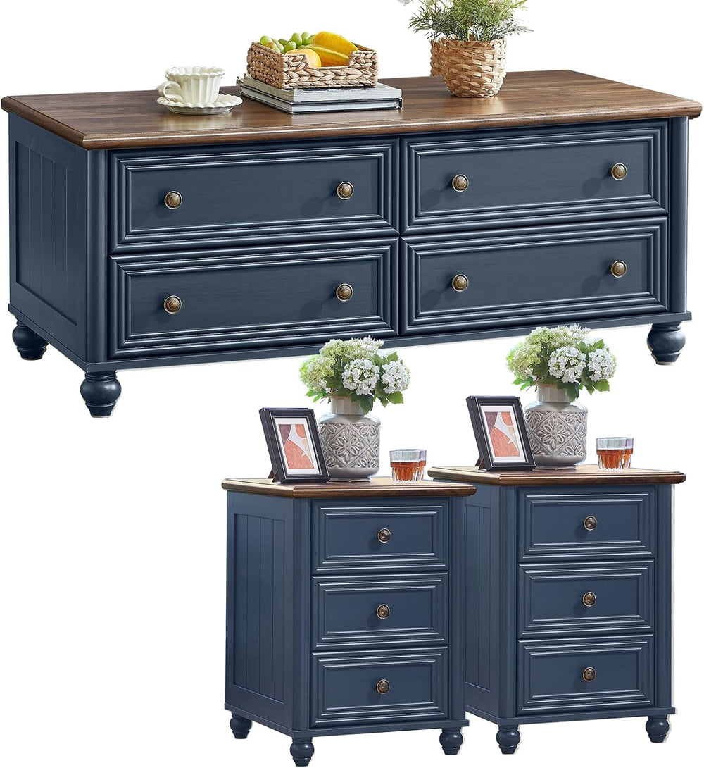 RWYHG Farmhouse Coffee Table & Night Stand Set of 3, Wood 54'' Wi...