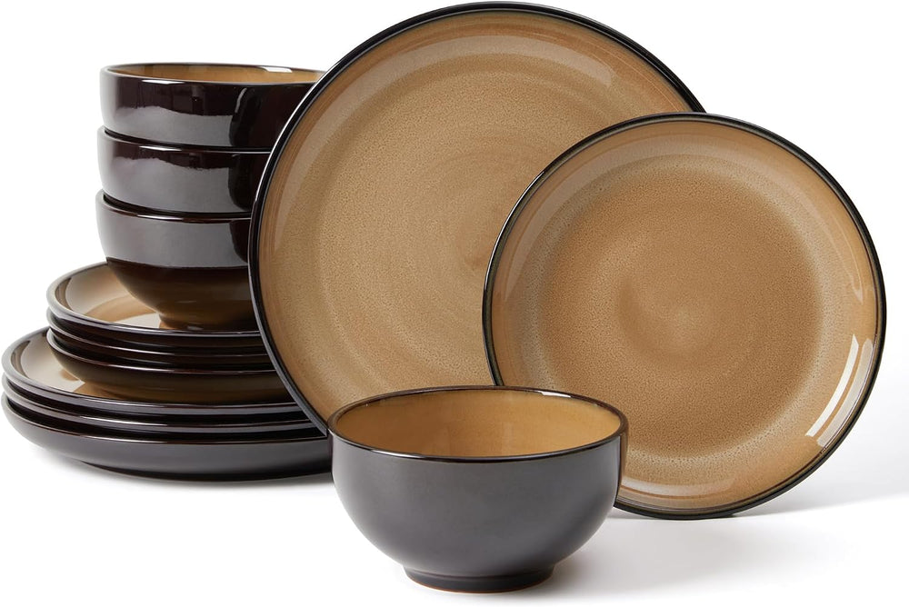 Pokini Stoneware Dinnerware Sets for 4, 12pcs Plates and Bowls Sets Dishes