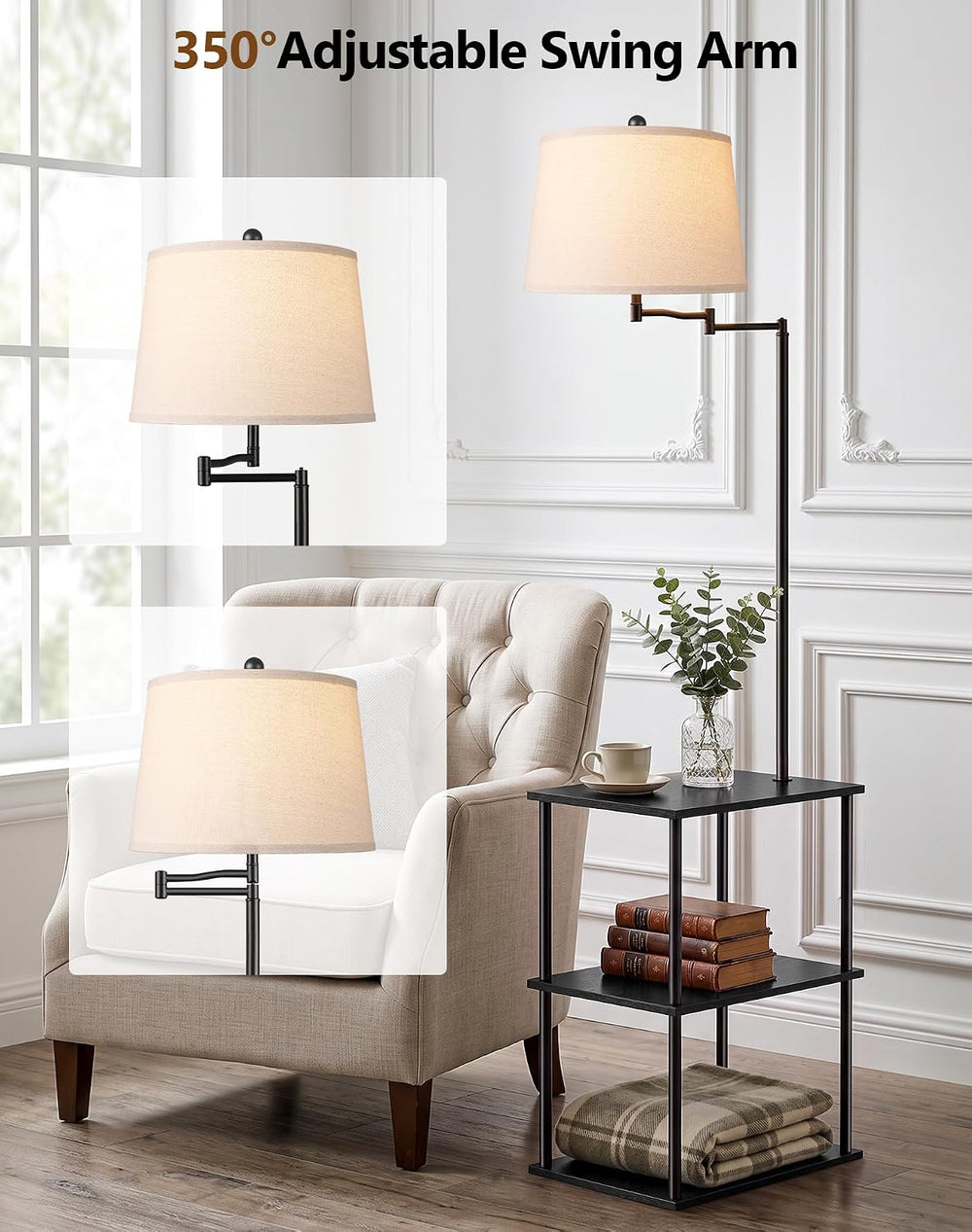 Swing Arm Floor Lamp with Table, Nightstands End Side Table for Living Room