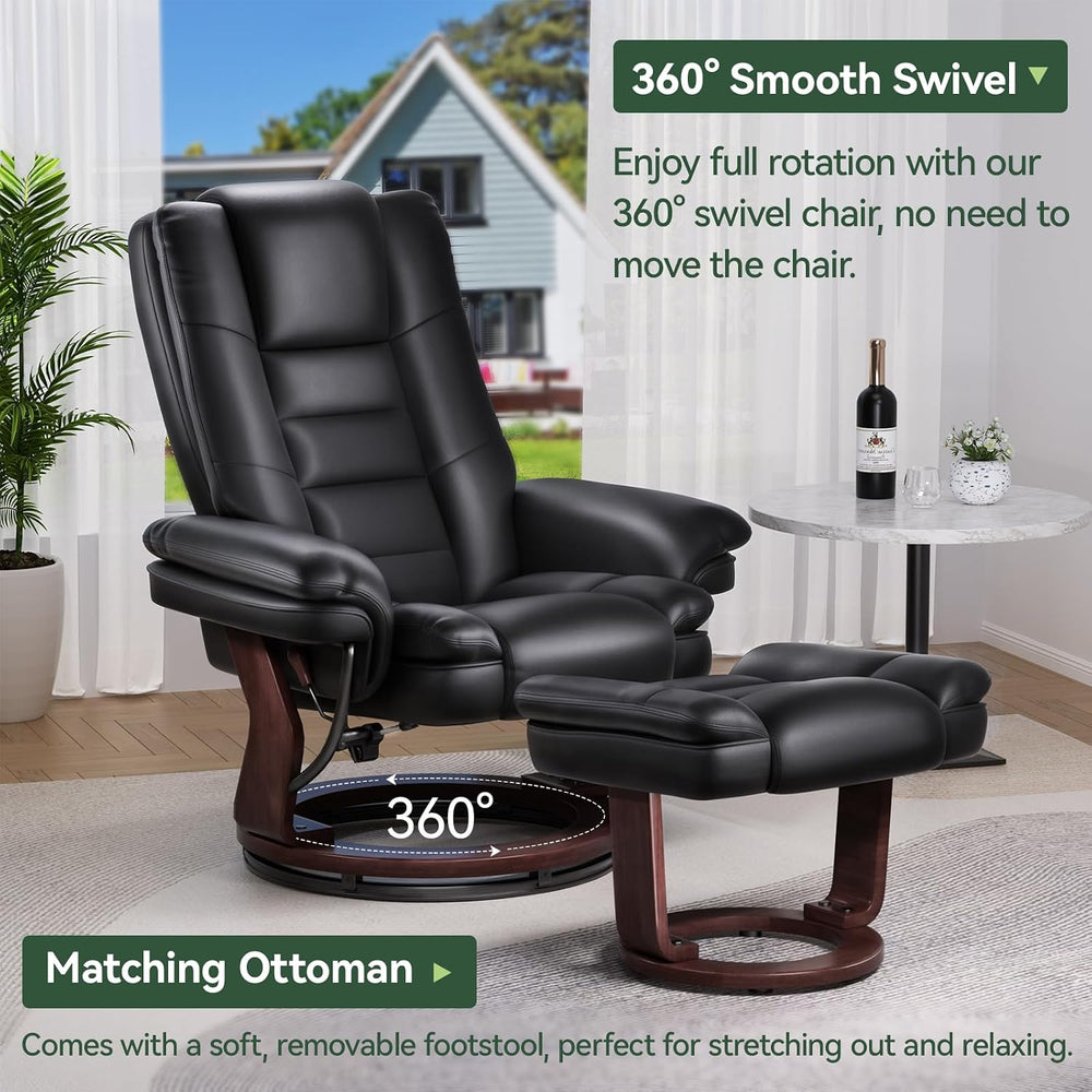 Swivel Recliner Chair with Ottoman, Adjustable PU Leather Recliner, Black