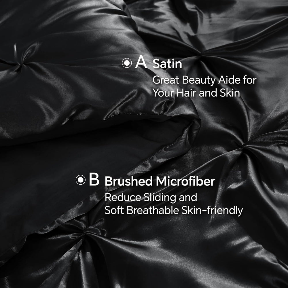 BEDELITE Satin Comforter Set Queen, 7 Pieces Pintuck Bed in A Bag, Black
