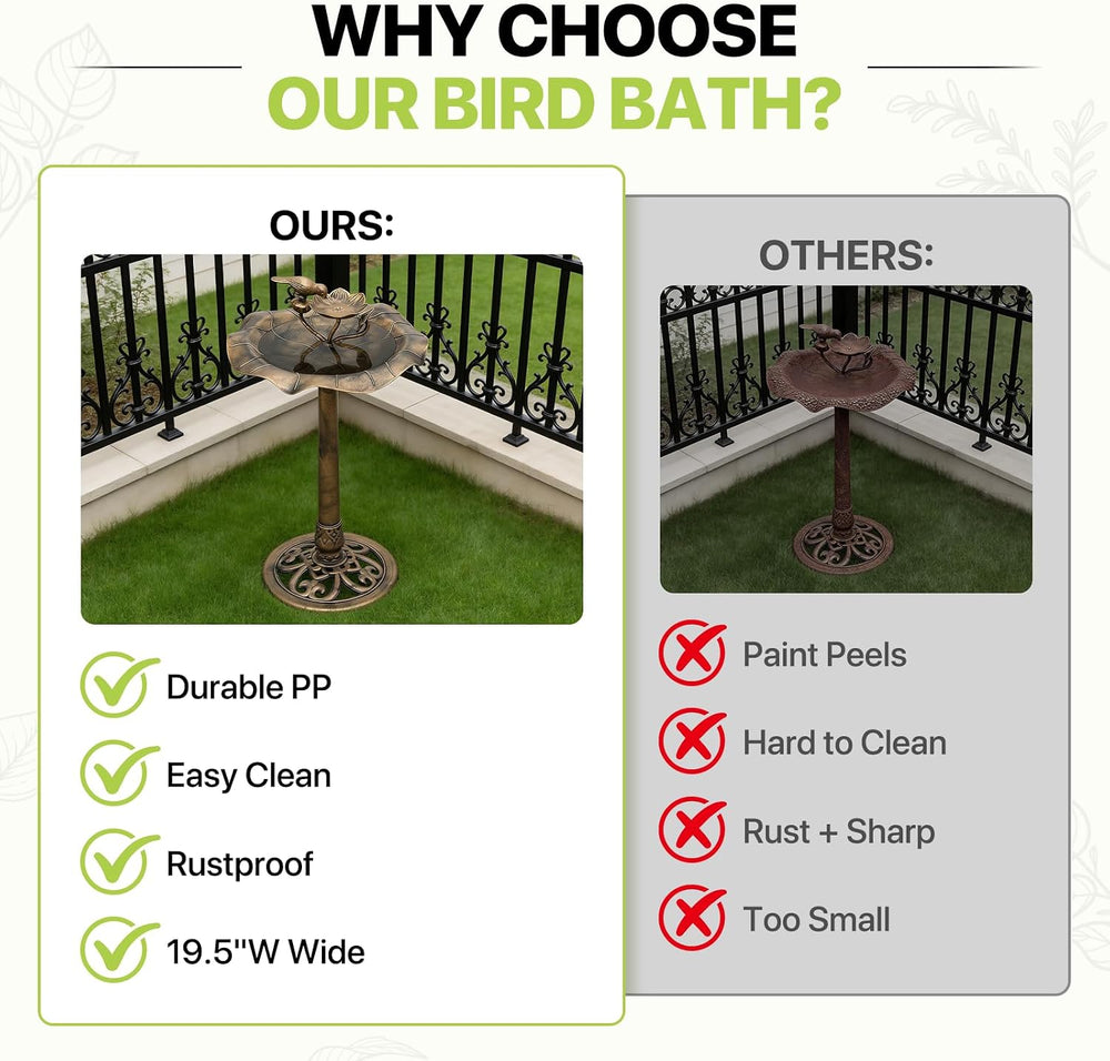 Magshion Bird Bath for Outside w/ Small Feeder Bowl, 35" Tall, Bronze