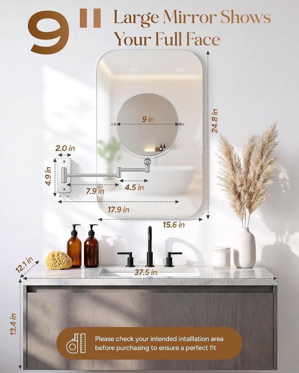 Gospire 9" Height Adjustable wall Mounted Makeup Mirror with Magnification