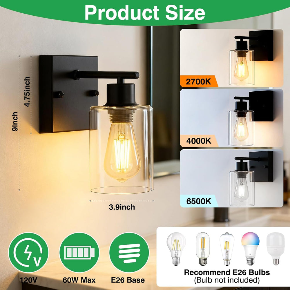 2-Pack Wall Sconces for Bathroom, Matte Black Vanity Lights, Modern Wall Ligh...