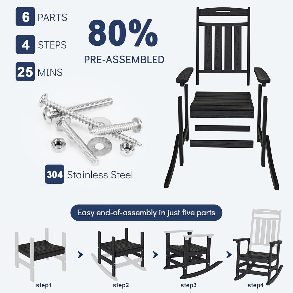 Plawdlik Outdoor Rocking Chair Set of 2, All-Weather Patio Rocker, Black