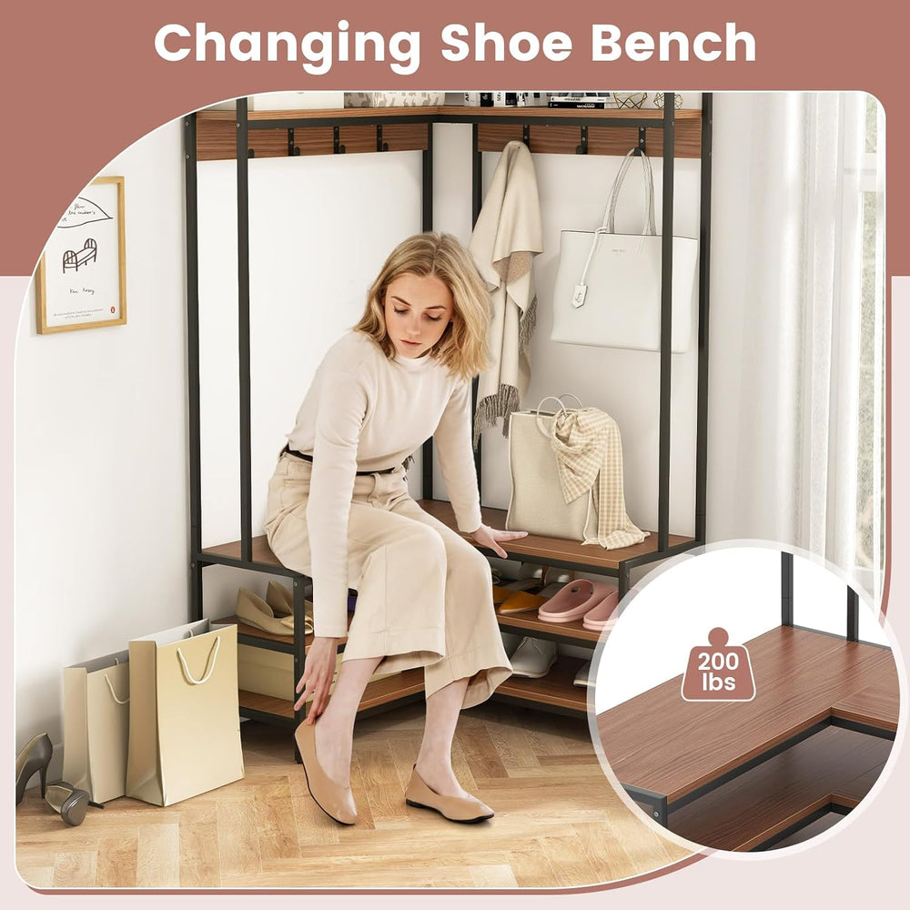 GIANTEX Corner Coat Rack, L-Shaped Hall Tree with Bench and Shoe Storage