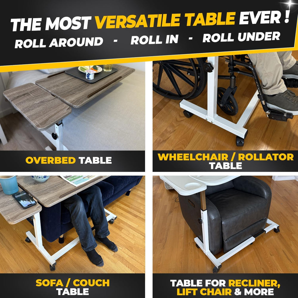 Large Table for Bed with Plastic Tabletop, Over Bed Table with Wheels, Adjust...