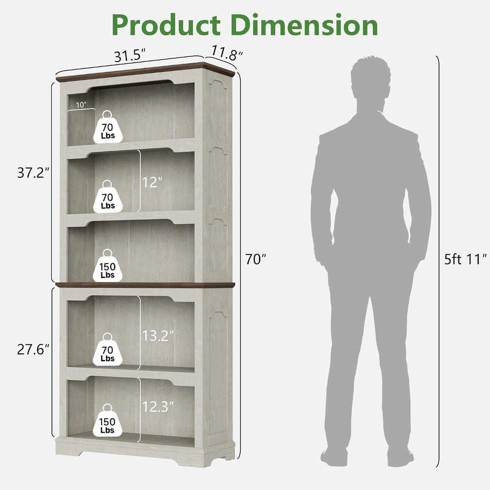 70'' Farmhouse White Bookcase Bookshelf, 5 Tiers Bookshelf with Arche...