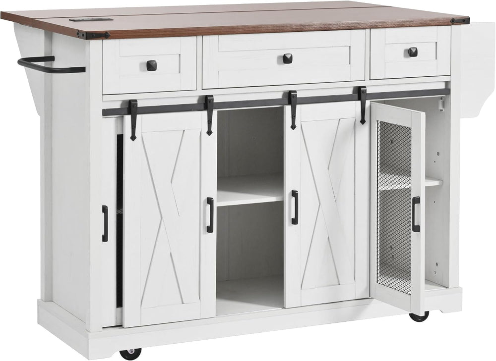 LUMISOL Farmhouse Kitchen Island Cart with Drop Leaf & 3 Drawers, White
