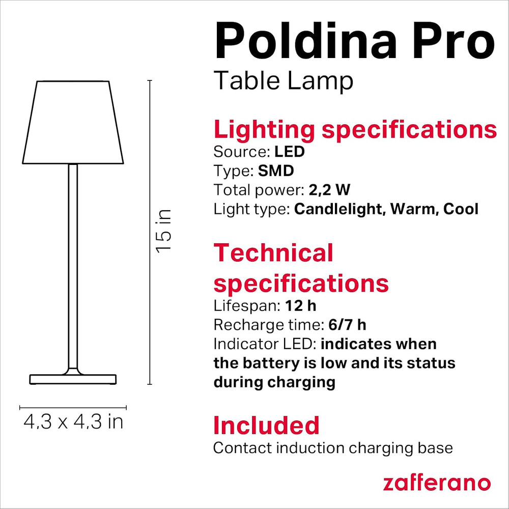Zafferano, Poldina Pro, Rechargeable Cordless Lamp, Black