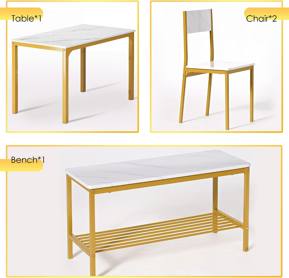 soges Kitchen Table Set for 4, Nesting Table with 2 Chairs & Bench, Marble